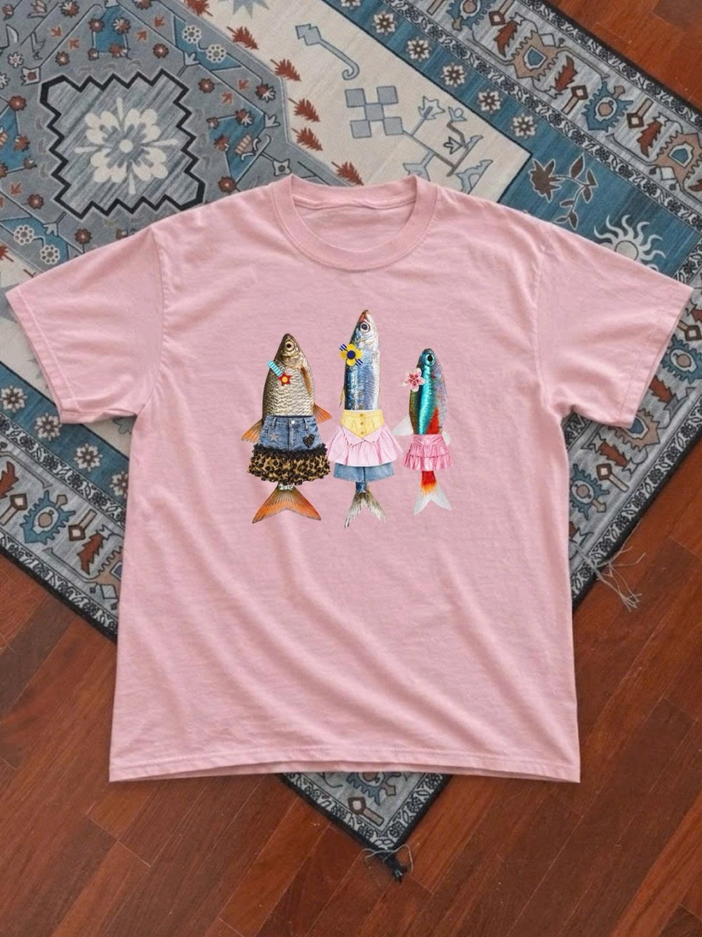 Pink Graphic Tee with Dress-Up Fish Print